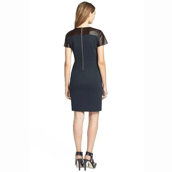 New! MICHAEL KORS Women's Faux Leather Yoke Ponte Knit Dress Size 4 Navy  Multi